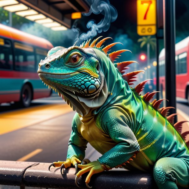 Imagem de um fumo de uma iguana na parada de ônibus