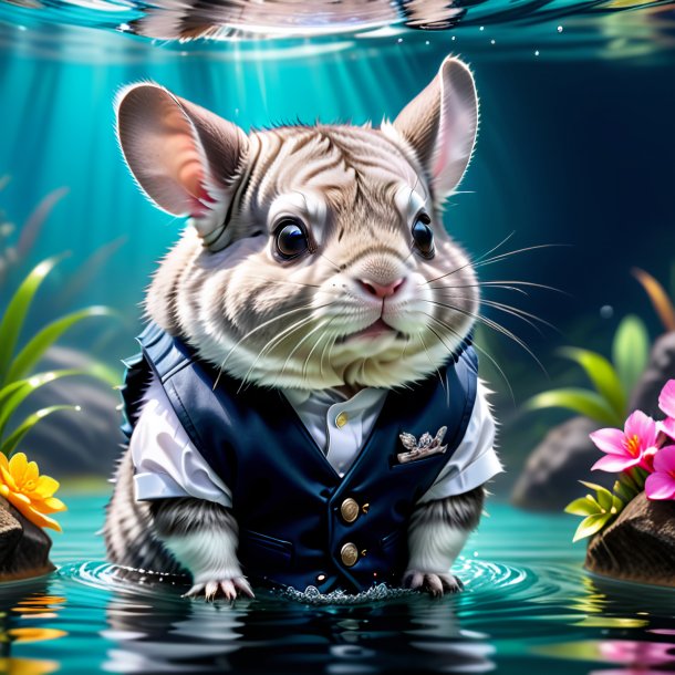 Picture of a chinchillas in a vest in the water