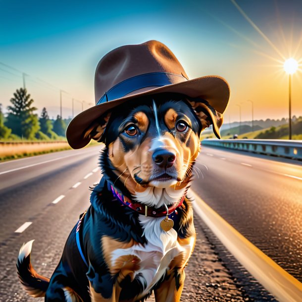 Foto de un perro en un sombrero en la carretera