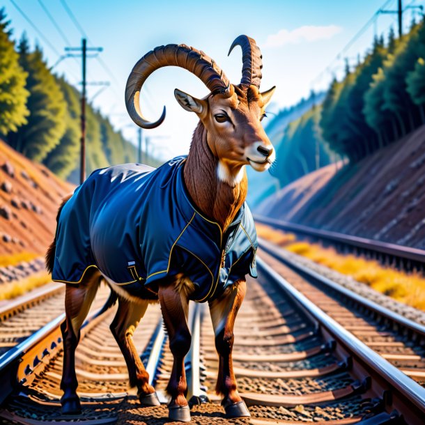 Picture of a ibex in a jacket on the railway tracks