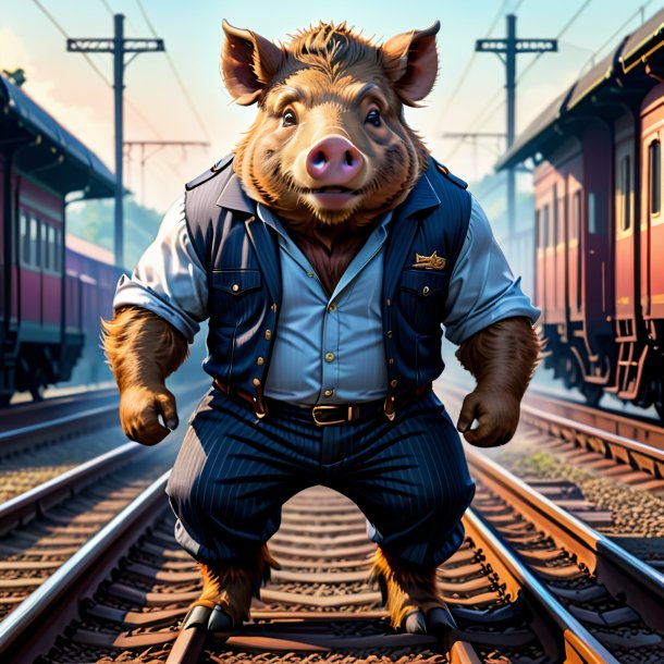 Illustration of a boar in a trousers on the railway tracks