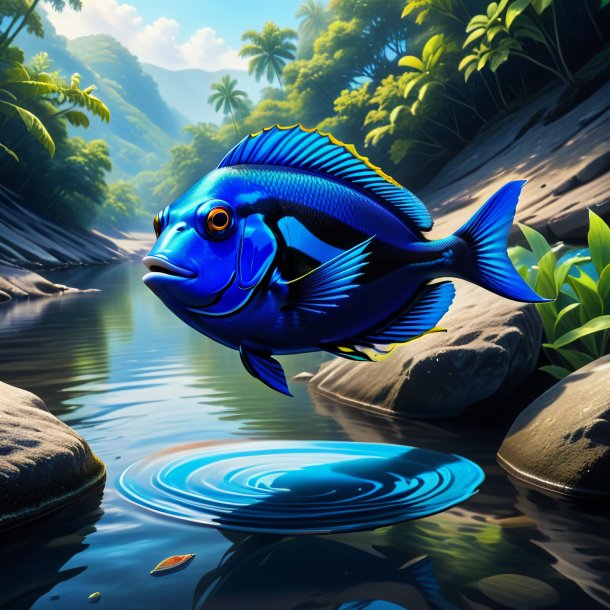 Drawing of a blue tang in a shoes in the river