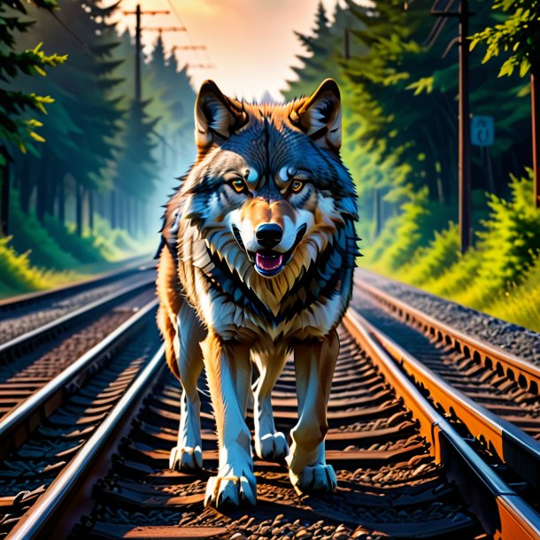 Foto de un enojo de un lobo en las vías del tren