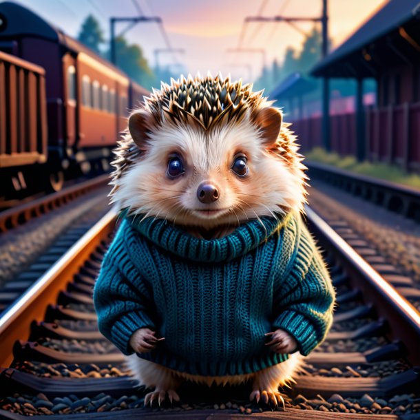 Image of a hedgehog in a sweater on the railway tracks