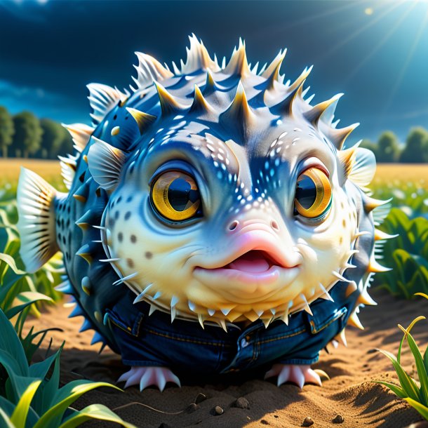 Drawing of a pufferfish in a jeans on the field