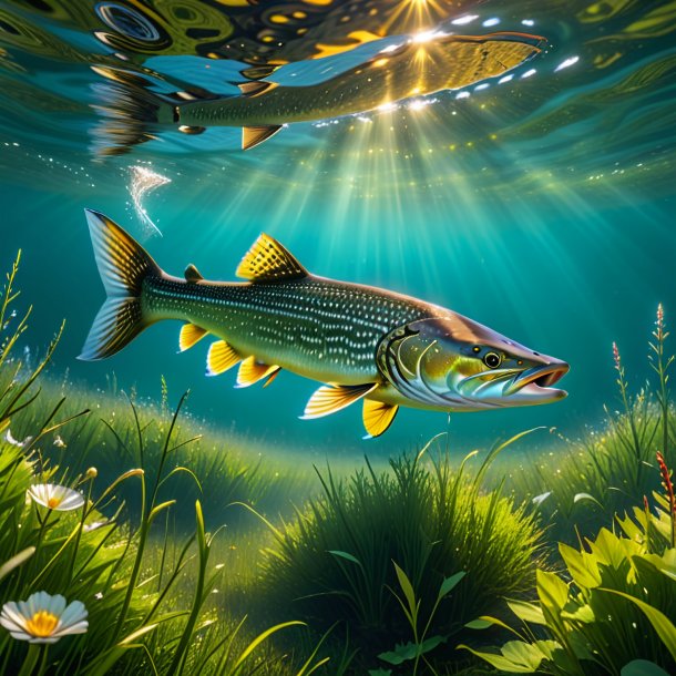 Picture of a swimming of a pike in the meadow