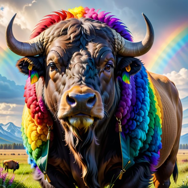 Picture of a buffalo in a coat on the rainbow