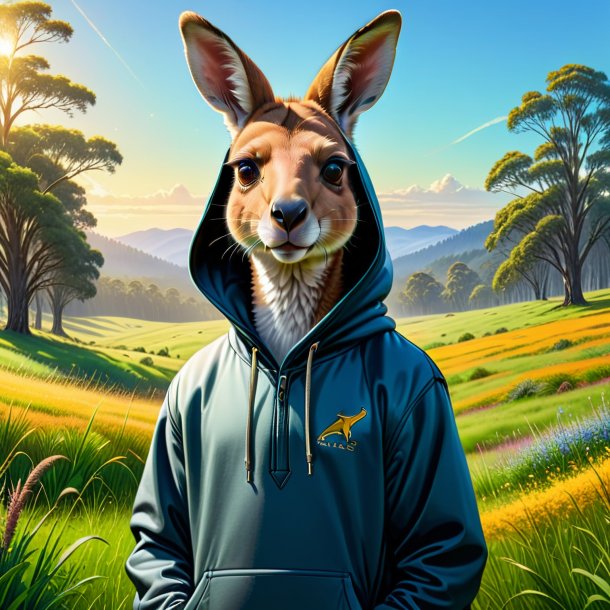 Desenho de um canguru em um hoodie no prado