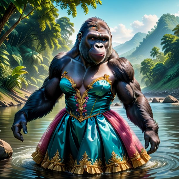 Drawing of a gorilla in a dress in the river