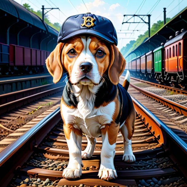 Drawing of a beagle in a cap on the railway tracks