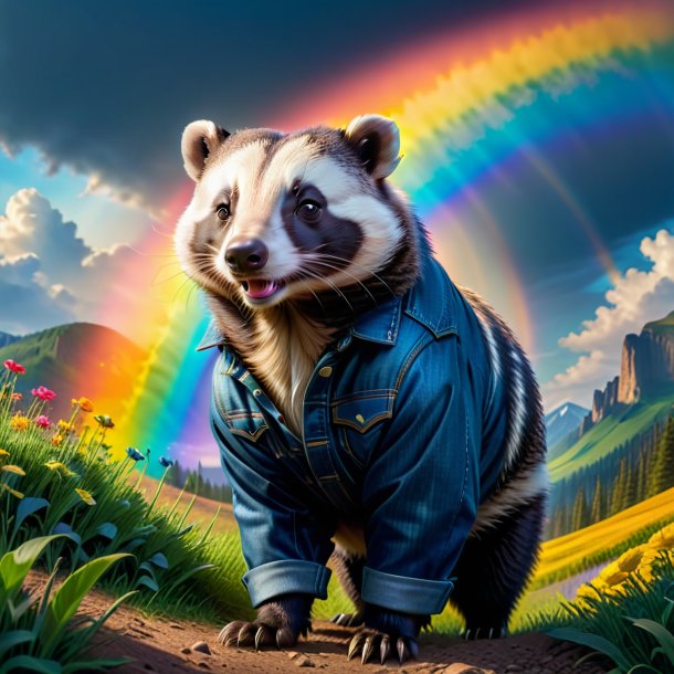 Photo of a badger in a jeans on the rainbow