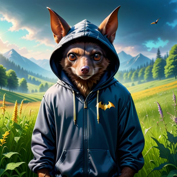 Illustration of a bat in a hoodie in the meadow