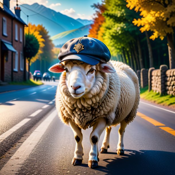 Imagem de uma ovelha em um boné na estrada