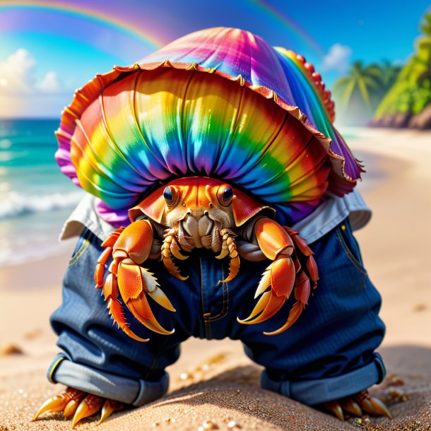 Illustration d'un crabe ermite dans un pantalon sur l'arc-en-ciel