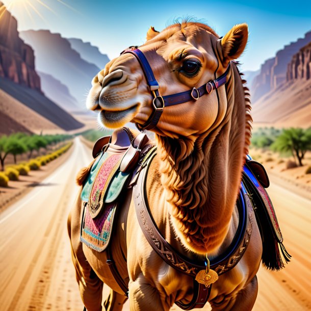 Picture of a camel in a belt on the road