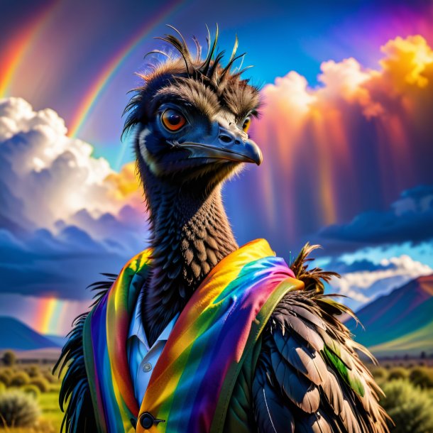 Photo of a emu in a coat on the rainbow