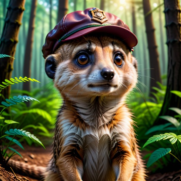 Photo of a meerkat in a cap in the forest