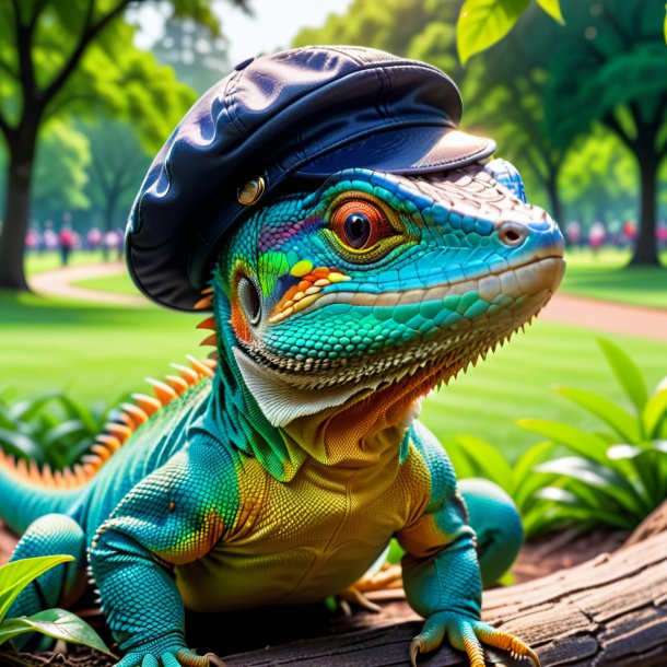 Photo of a lizard in a cap in the park