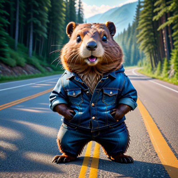 Pic of a beaver in a jeans on the road