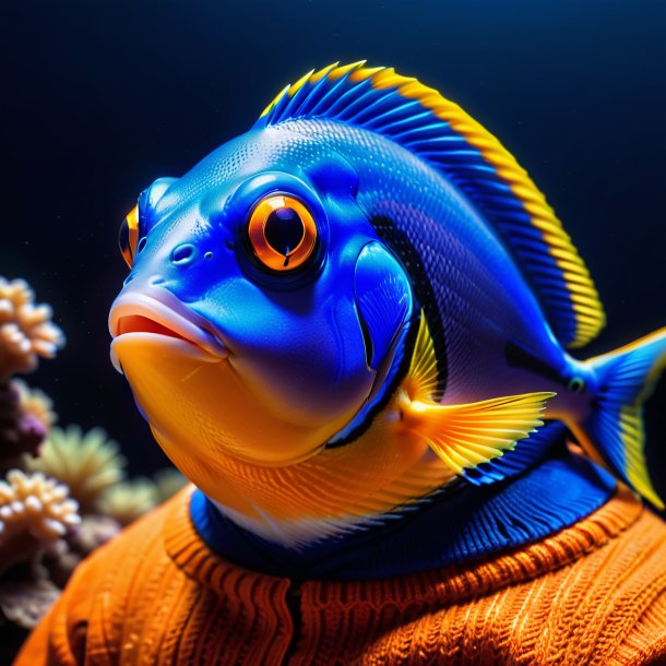 Pic of a blue tang in a orange sweater