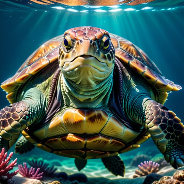 Photo of a turtle in a vest in the water