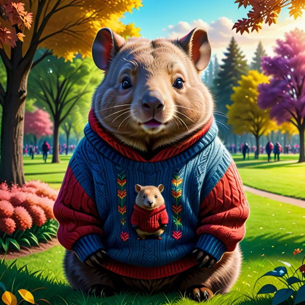 Desenho de um wombat em um suéter no parque