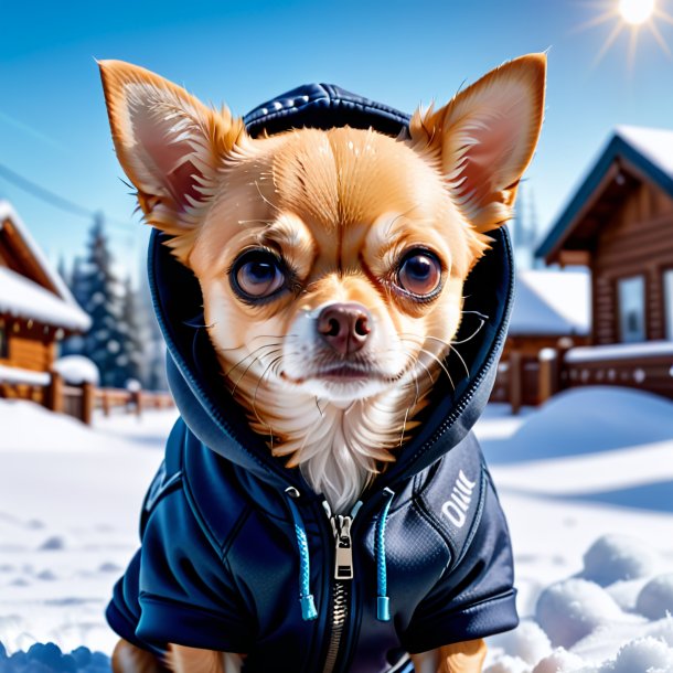 Photo of a chihuahua in a hoodie in the snow