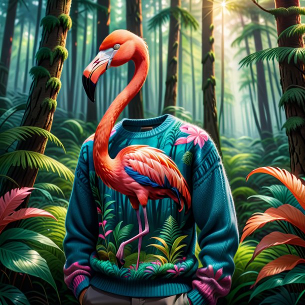 Drawing of a flamingo in a sweater in the forest