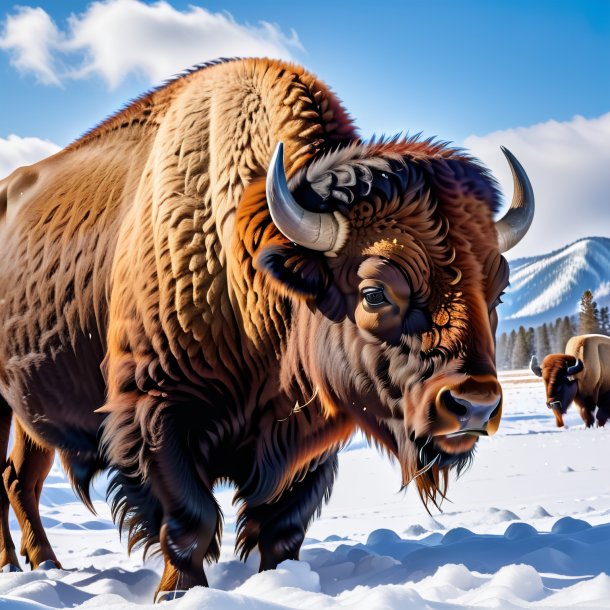 Photo of a drinking of a bison in the snow