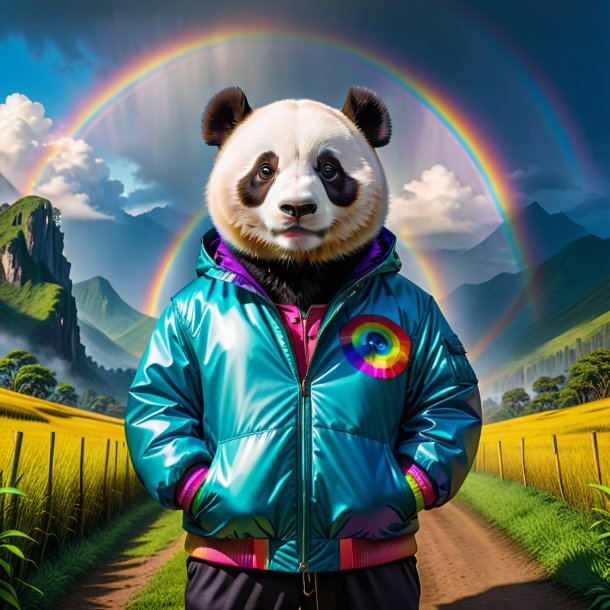 Photo d'un panda géant dans une veste sur l'arc-en-ciel