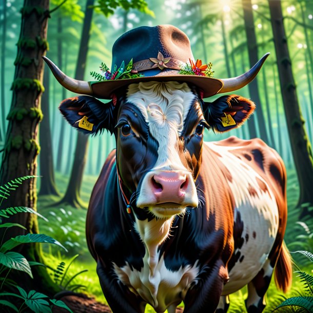 Picture of a cow in a hat in the forest