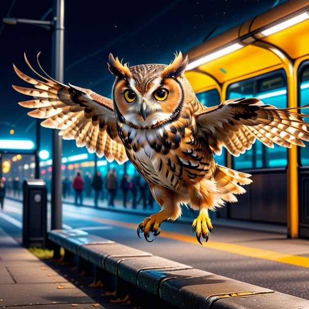 Picture of a jumping of a owl on the bus stop