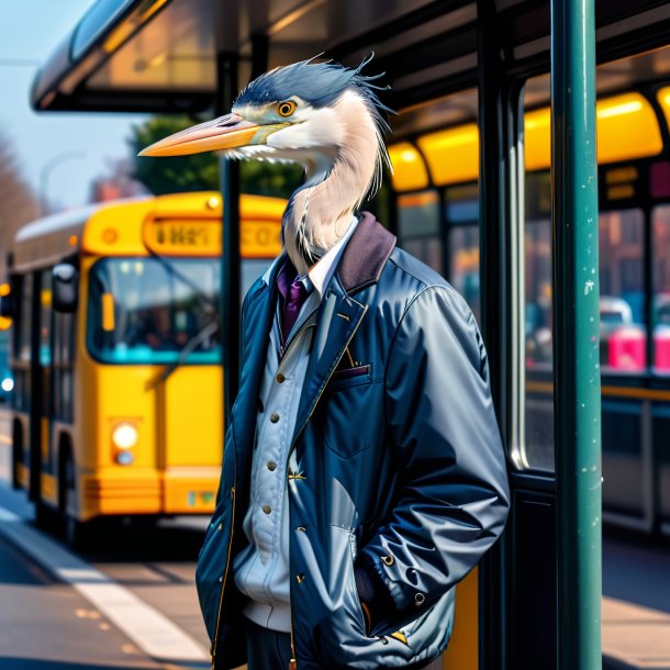 Pic d'un héron dans une veste sur l'arrêt de bus