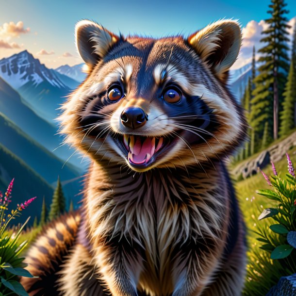 Picture of a smiling of a raccoon in the mountains