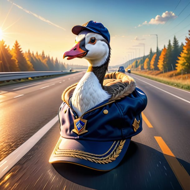 Illustration of a goose in a cap on the highway