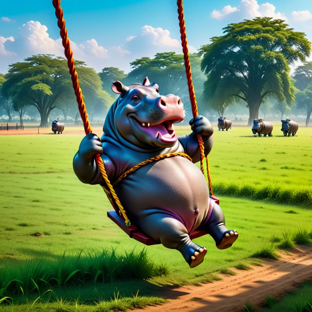 Picture of a swinging on a swing of a hippopotamus on the field