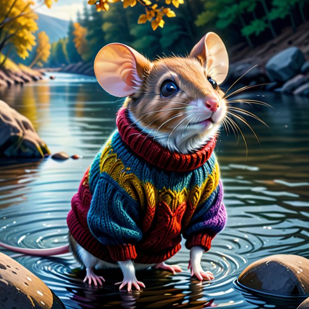 Dessin d'une souris dans un pull dans la rivière