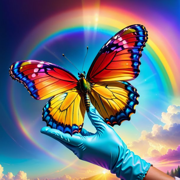 Drawing of a butterfly in a gloves on the rainbow