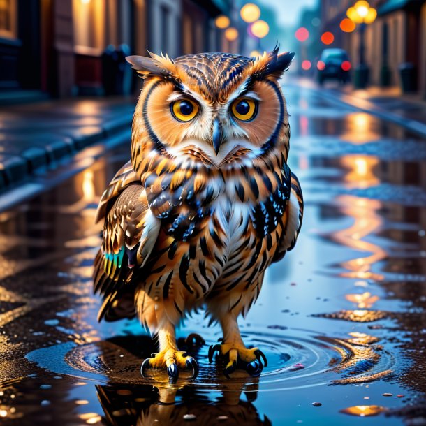 Photo of a owl in a vest in the puddle