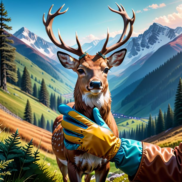 Picture of a deer in a gloves in the mountains