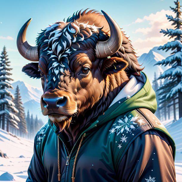 Illustration of a buffalo in a hoodie in the snow