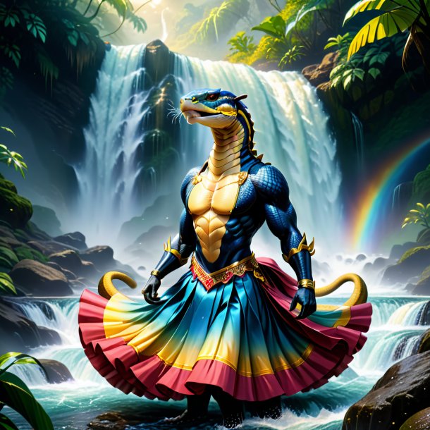 Illustration of a king cobra in a skirt in the waterfall