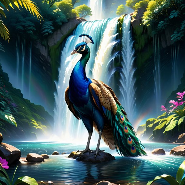 Drawing of a peacock in a jeans in the waterfall