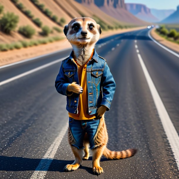 Picture of a meerkat in a jeans on the highway