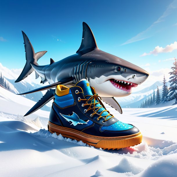 Dessin d'un requin dans une chaussure dans la neige