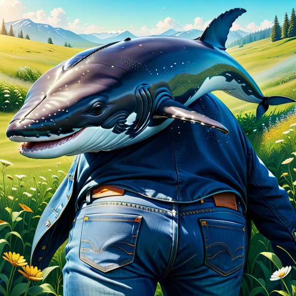 Illustration of a whale in a jeans in the meadow