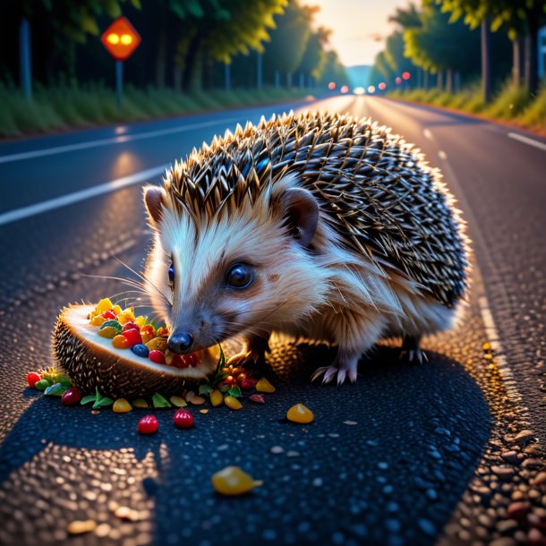 Image of a eating of a hedgehog on the road