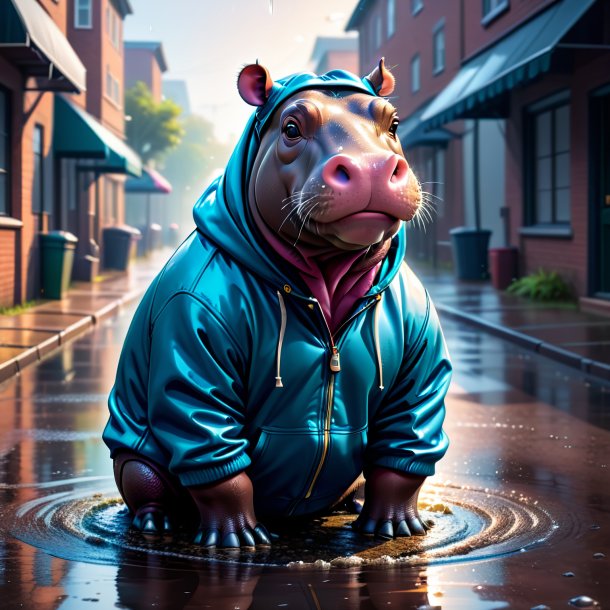 Illustration of a hippopotamus in a hoodie in the puddle