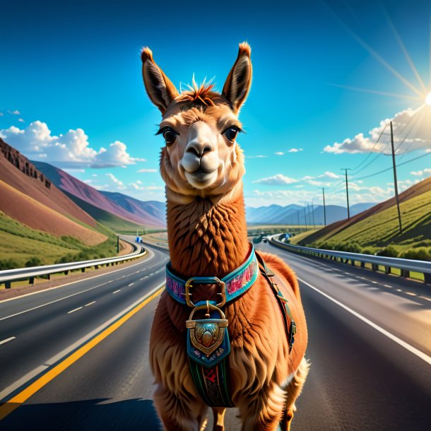 Illustration of a llama in a belt on the highway