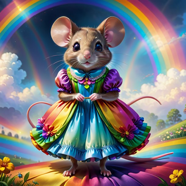 Illustration of a mouse in a dress on the rainbow